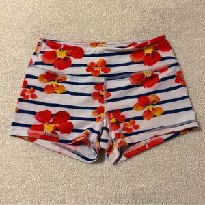 Savage Barbell Hibiscus Floral Striped Booty Shorts Athletic White Blue Orange